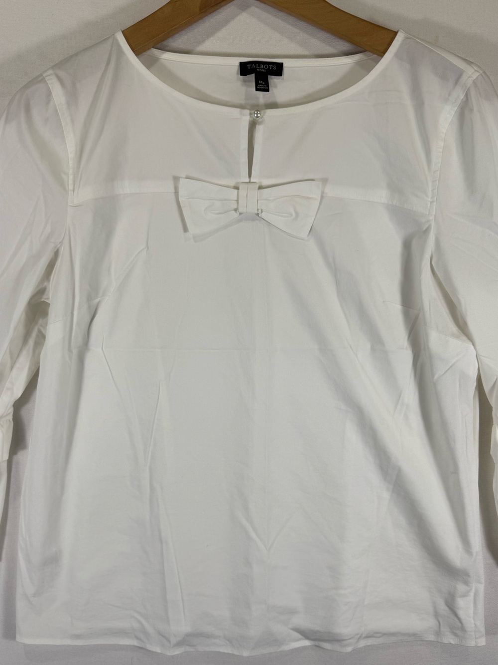 Talbots White Bow-Front Three-Quarter Sleeve Blouse